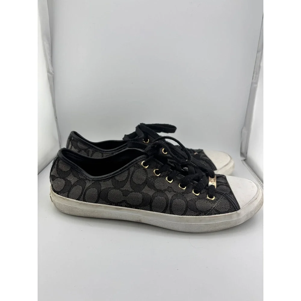 Coach Womens Signature Monogram Low Top Sneakers Black Grey Gold Size 11